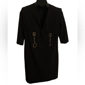 Elegant Black collard Shift V Neck midi / Mini Suit dress with Gold Accents